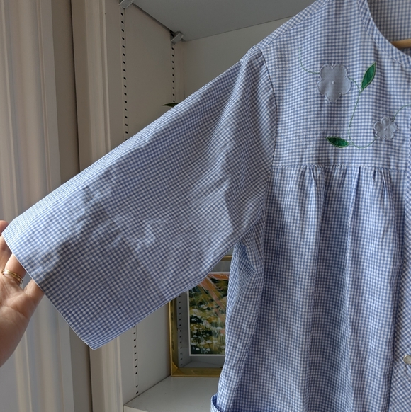 Vintage Nightgown Maxi Blue Gingham Flowers Embroidered Snap Buttondown Medium - Picture 4 of 10